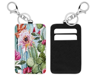 Floral Cactus Cardholder Keychain | Keychain Cardholder | Keychain Wallet | ID Holder | Credit Card Holder Keychain