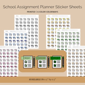 May include: School assignment planner sticker sheets in six colorways. The stickers are printed and available in 0.5" by 0.5" sizes. The image shows sheets of stickers with small calendar icons and labels for exam, homework, and report.