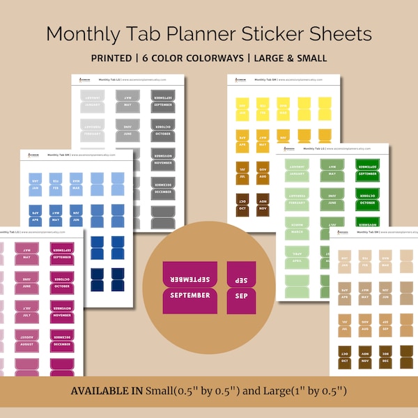 Monthly Tab Planner Sticker Sheet | Small & Large Sizes | 6 Colors Styles | Organization for Planners and Bullet Journals