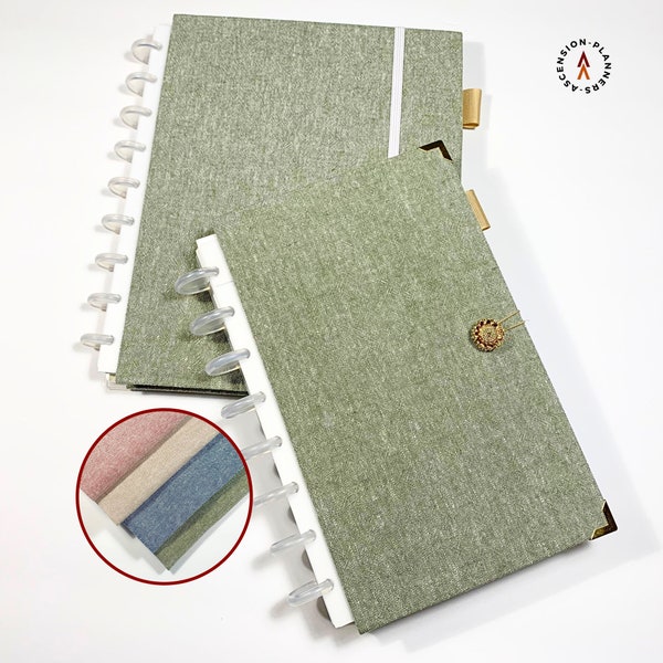 Jade Linen Planner Cover for Discbound Planners in Three Sizes | Simple or Gold Gilded Styles | Snap-In Cover, Button + Envelope