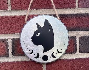 Black Cat Sign, Black Cat Metal Sign, Moon Phase Sign, Witchy Decor