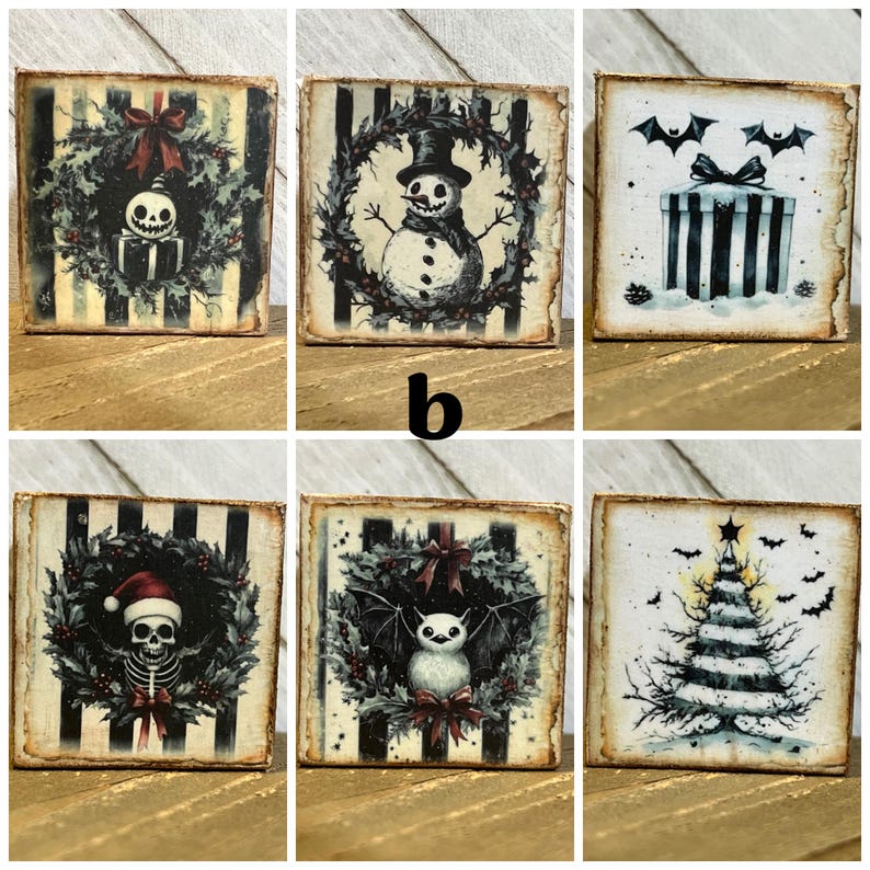 May include: Set of six square wooden signs with black and white striped backgrounds. Each sign features a different holiday-themed illustration, including a snowman, a bat, a skull, a Christmas tree, and a present.