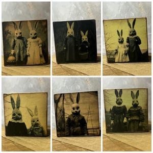May include: Six square wooden blocks with a black border. Each block has a vintage style photo of two people wearing rabbit masks. The photos are in various shades of sepia and black and white. The blocks are arranged in a 2x3 grid.