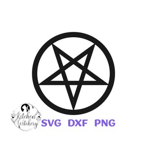 May include: A black and white pentagram, also known as a five-pointed star, inside a circle. The pentagram is a symbol often associated with witchcraft and paganism.