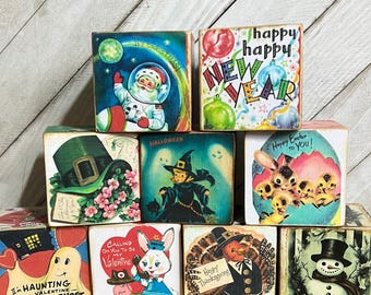 9 Vintage Holiday Blocks, Any Nine Blocks from my shop, Decorative Block Set