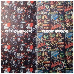 May include: A collage of horror movie characters, featuring both classic and modern horror films. The left side of the image features characters from modern horror films, such as Pennywise the clown, Ghostface, and Michael Myers. The right side of the image features characters from classic horror films, such as Dracula, Frankenstein, and the Creature from the Black Lagoon. The text "MODERN HORROR" appears at the top of the left side of the image, and the text "CLASSIC HORROR" appears at the top of the right side of the image.