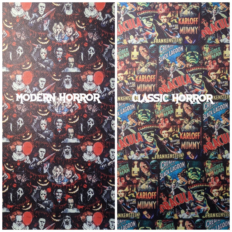 May include: A collage of horror movie characters, featuring both classic and modern horror films. The left side of the image features characters from modern horror films, such as Pennywise the clown, Ghostface, and Michael Myers. The right side of the image features characters from classic horror films, such as Dracula, Frankenstein, and the Creature from the Black Lagoon. The text "MODERN HORROR" appears at the top of the left side of the image, and the text "CLASSIC HORROR" appears at the top of the right side of the image.