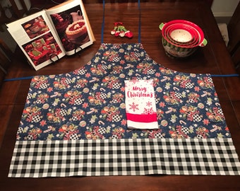 Christmas Holiday Cooking Apron | Buffalo Plaid Baking Cooking Apron | Adult Cooking Apron with Attached Hand Towel, Women’s Cooking Apron,