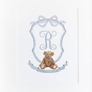 Escudo de acuarela para bebé niño / Monograma para bebé niño / Arte para guardería con osito de peluche / Guardería para niño azul / Inicial / Nombre del bebé