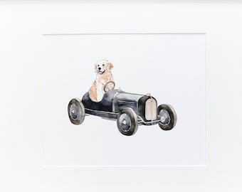 Golden Retriever | Car Nursery Decor | Boy Wall Art | Nursery Wall Art | Dog Nursery Art | Racing Car Nursery Art