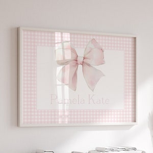 Gingham Name Wall Art | Pink Nursery Decor | Grandmillenial | Name Art Print | Pink Bow Art | Above Crib Up to 24x36 | Printable