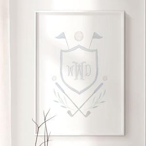 Stampa per vivaio di golf: stemma acquerello, monogramma artistico (download digitale)