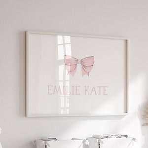 Girl Baby Name Print | Name Girl Nursery Wall Art | Pink Bow Nursery Art | Pink Nursery Decor Personalized