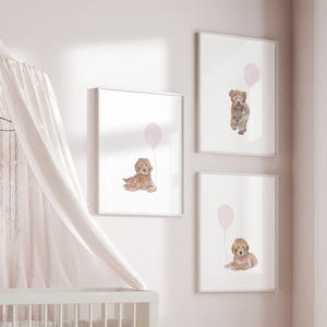Goldendoodle Nursery Prints: Pink Balloon Puppy Art (Set of 3) (Digital Download)