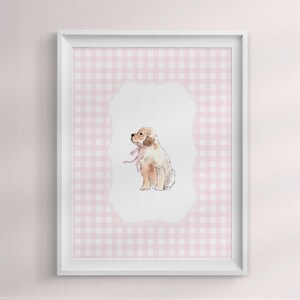 Puppy Gingham Pink Nursery Wall Art | Puppy Nursery Art | Golden Retriever Art | Girl Nursery Decor