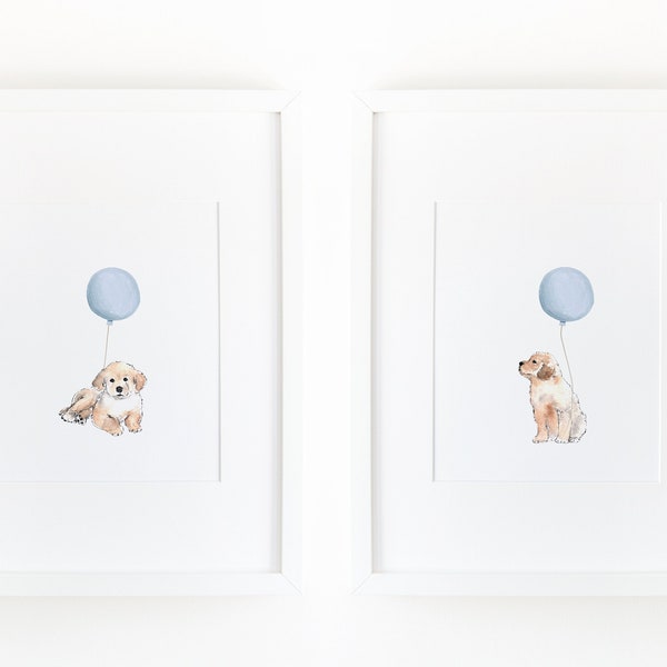 Set of 2 Golden Retriever Prints | Puppy Nursery Prints | Blue Nursery Wall Art Boy | Nursery Decor Dogs | Digital Download
