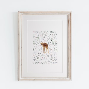 Floral Deer Nursery Art | Watercolor Fawn Print | Deer Painting | Woodland Nursery Girl | Deer Nursery Wall Art