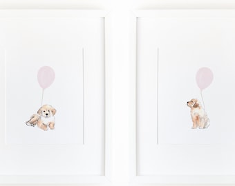 Girl Nursery Puppy Prints | Golden Retriever | Set of 2 Prints | Pink Nursery Wall Art Girl | Nursery Decor Dogs | Digital Download