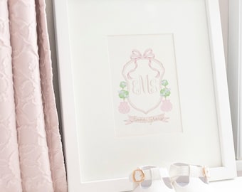 Grandmillennial Monogram Crest Girl | Pink Nursery Wall Art | Printable | Chinoiserie Nursery Decor