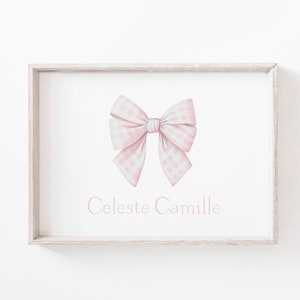 Name Art Print for Nursery Name Art for Girls Pink Bow Gingham Nursery Wall Art Personalized image 2