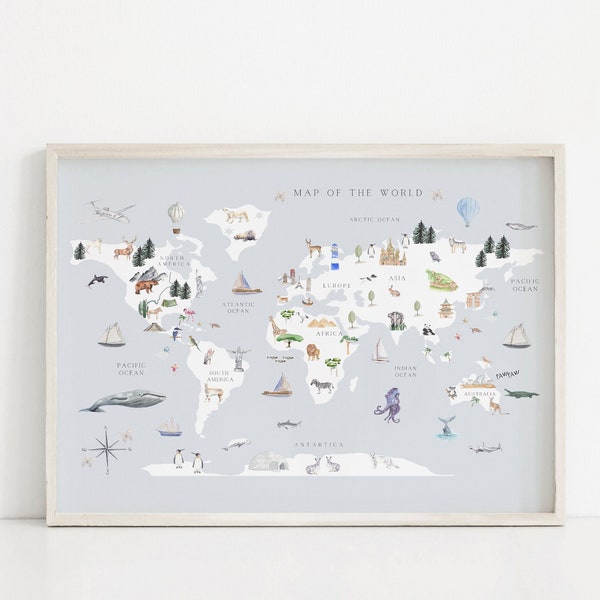 Animal World Map | Nursery World Map | Kids World Map | Playroom World Map | Children World Map Print | Printable Wall Art | Nursery Prints