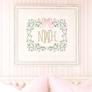 Art floral rose monogramme pour chambre de bébé : décoration personnalisée pour chambre de bébé fille (imprimable)