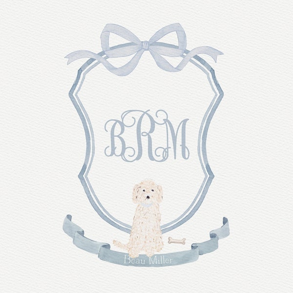 Watercolor Puppy Crest | Blue Nursery Baby Boy Crest Wall Art Print | Golden Doodle | Labradoodle | Boy Room | Monogram