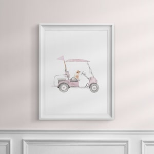 Pink Golf Wall Art | Golden Retriever | Golf Nursery Wall Art | Girl Golf Nursery Decor | Printable | Golf Cart