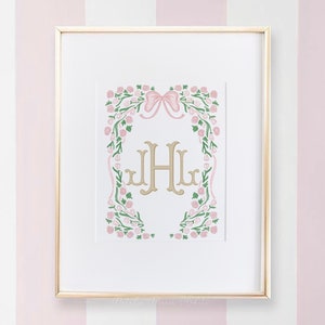 Floral Nursery Monogram Wall Art | Grandmillennial Girl Nursery Art | Pink & Gold Nursery Wall Art Decor | Printable
