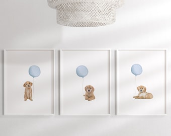 Boy Puppy Print Set | Golden Retriever Nursery Wall Art | Blue Nursery Decor | Watercolor Dog Nursery Prints | Set of 3 Prints