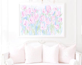 ピンクのチューリップの絵画 保育園のアート：グランドミレニアルウォールアート、パステルフローラル（印刷可能）