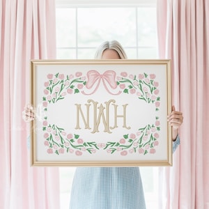 Arte de monograma floral rosa para berçário | Arte de parede para berçário | Decoração floral para berçário Grandmillenial | Para imprimir