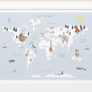 Mapa de pared para guardería / Mapa del mundo animal con países / Mapa del mundo azul / Decoración de guardería / Mapa de pared para niños