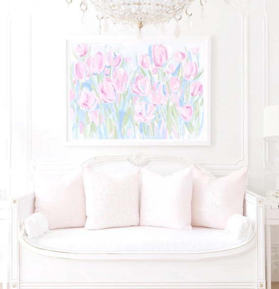 Pink Tulips Painting Nursery Art: Grand Millennial Wall Art, Pastel Floral (Printable)
