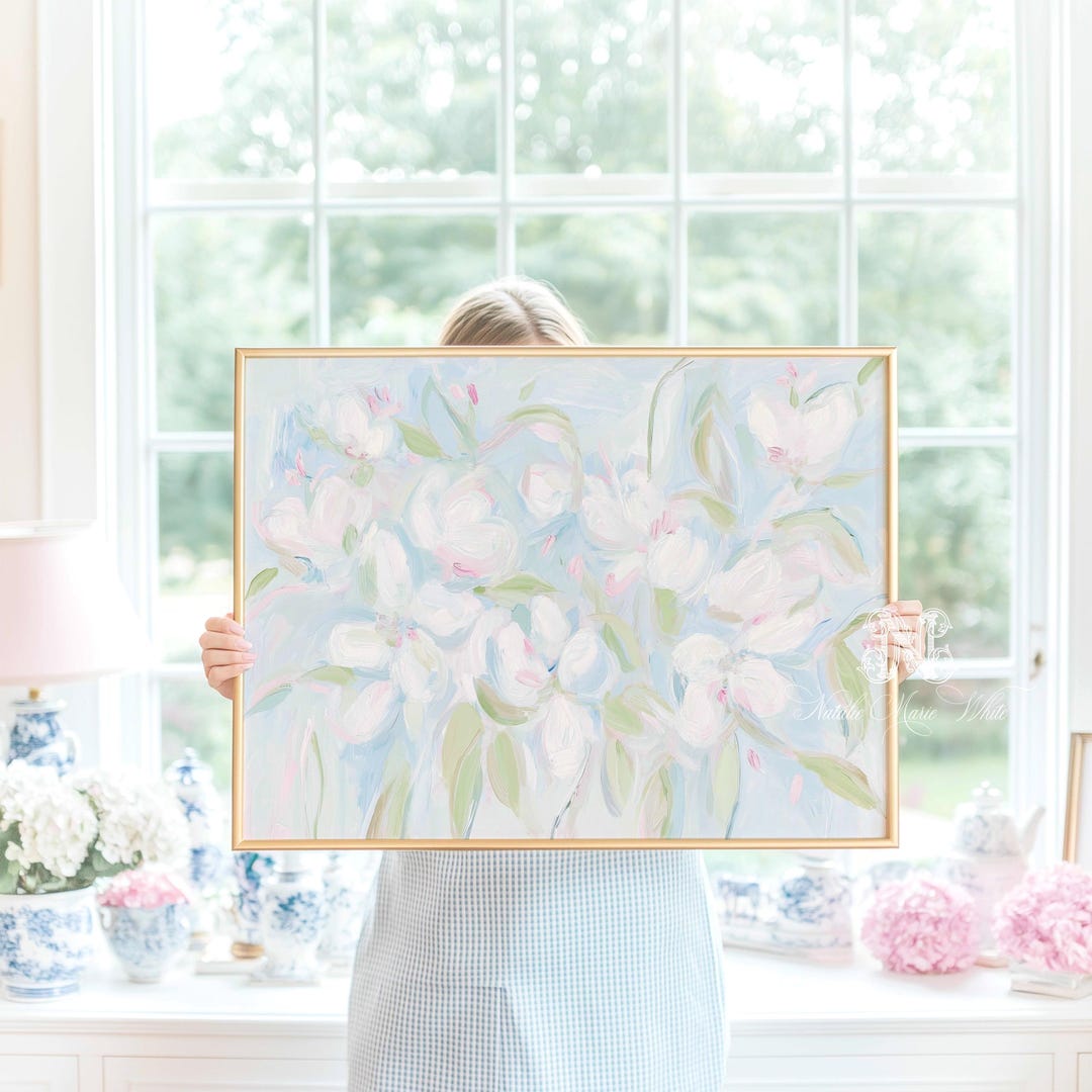 Blue & Green Floral Art: Botanical Nursery Decor, Grand Millennial Pastel Painting (Printa