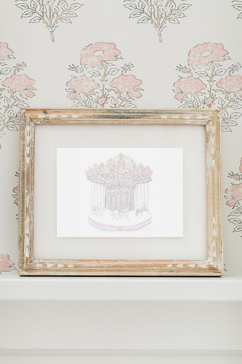 Watercolor Carousel Print Pink Nursery Wall Art Pink Nursery Decor Baby Girl Nursery Prints image 2