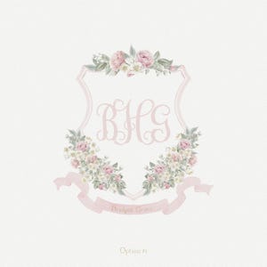 Pink Watercolor Nursery Crest | Semi Custom Monogram Crest | Floral Crest Nursery Art | Baby Girl Nursery | Initials | Wall Art Print