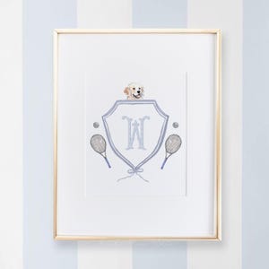 Arte de pared de tenis / Decoración de guardería de tenis / Impresión de guardería de tenis / Arte de guardería de tenis y perros / Monograma de una sola letra / Arte de pared para niño