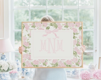Roze hortensia bloemen kinderkamer kunst aan de muur: monogram kinderkamer decor meisje (afdrukbaar)