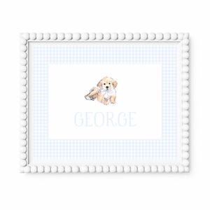 Nursery Name Art | Dog Nursery Wall Art Decor | Nursery Name Print | Golden Retriever | Blue Gingham Decor