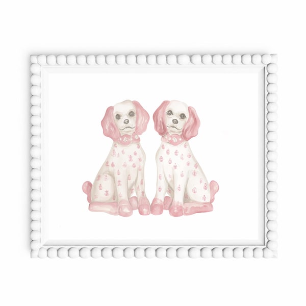 Różowo-biały pies rasy staffordshire w stylu chinoiserie: dekoracja ścienna do pokoju dziecięcego (do druku)