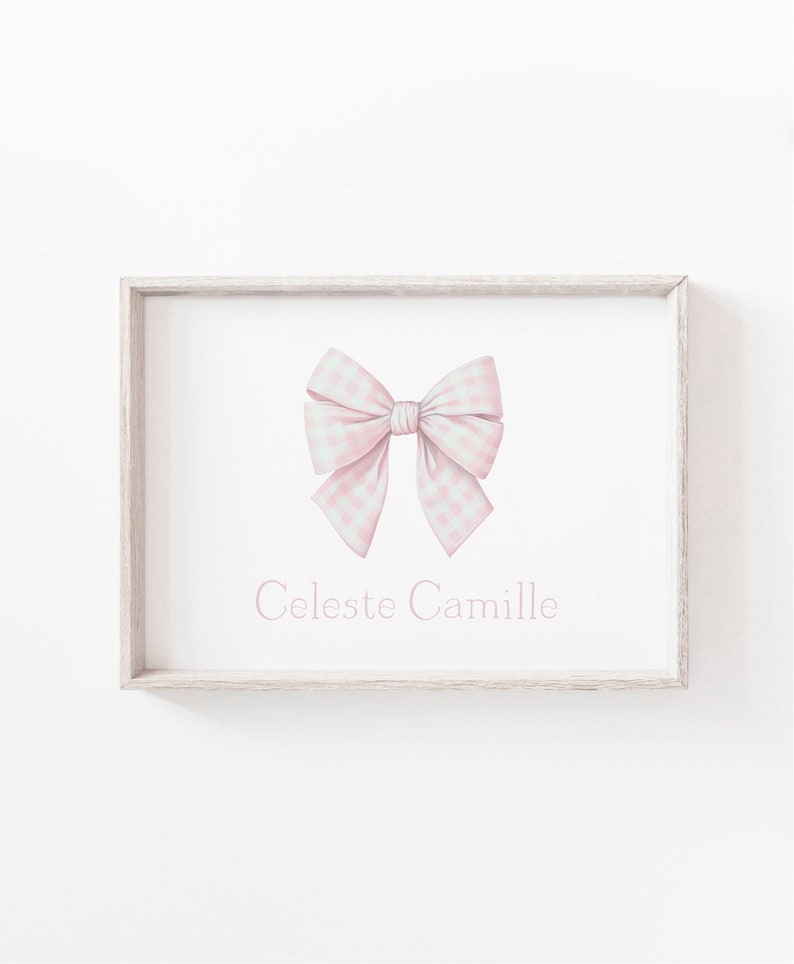 Name Art Print for Nursery Name Art for Girls Pink Bow Gingham Nursery Wall Art Personalized image 2