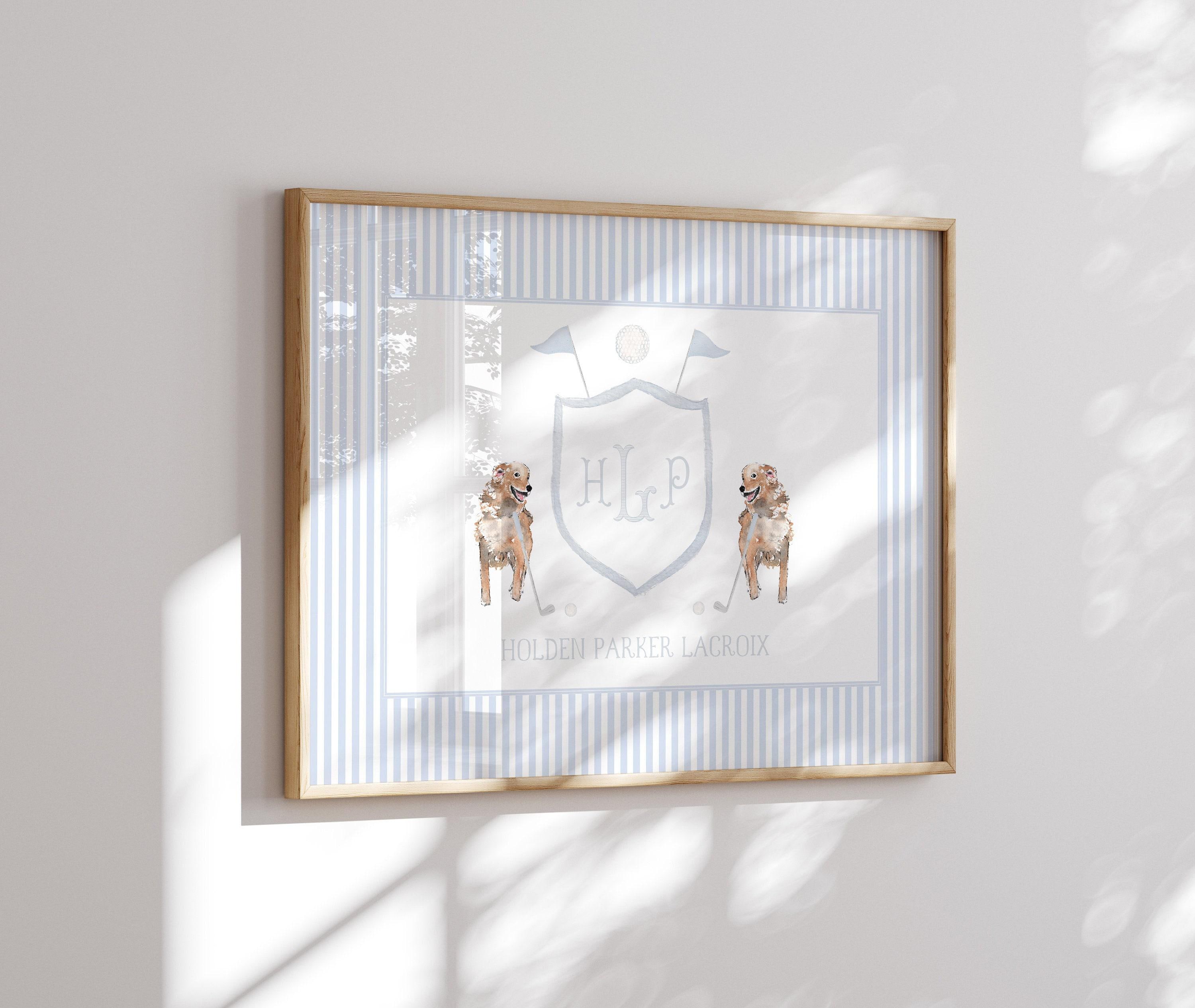 Dog Golf Wall Art | Golf Nursery Wall Art Boy | Monogram Golf Crest | Golden Retriever Nursery Art | Golf Nursery Prints | Up to 24x36