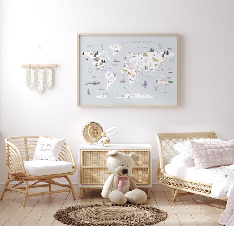 Animal World Map Nursery World Map Kids World Map Etsy