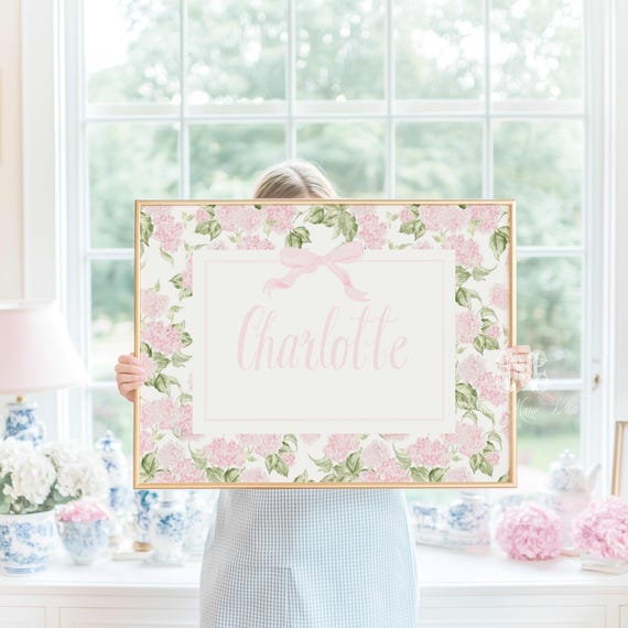 Pink Hydrangea Wall Art for Floral Nursery Decor: Girl Name Print (Digital Download)