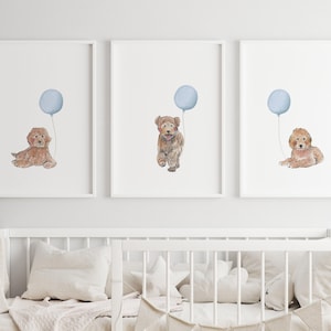 Láminas de Goldendoodle / Arte de pared para habitación de perro, niño / Habitación azul / Láminas de cachorros / Juego de 3 descargas digitales