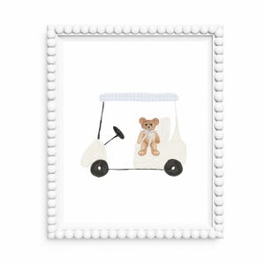 Teddy Bear Golf Cart Nursery Print: Blue Gingham Decor (Digital Download)