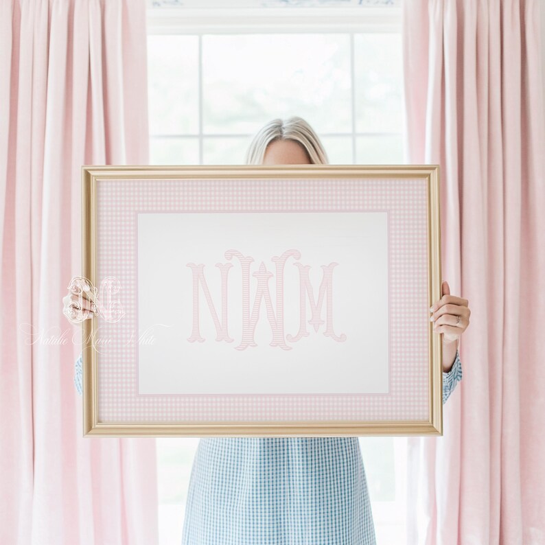 Soft Pink Gingham Monogram Nursery Art | Classic Pink Nursery Wall Art | Gingham Nursery Decor | Girl Wall Art Personalized | Up To 24x36