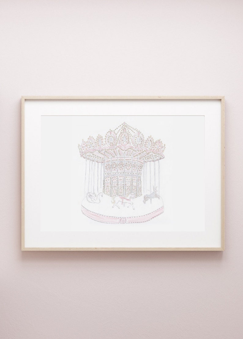 Watercolor Carousel Print Pink Nursery Wall Art Pink Nursery Decor Baby Girl Nursery Prints image 1