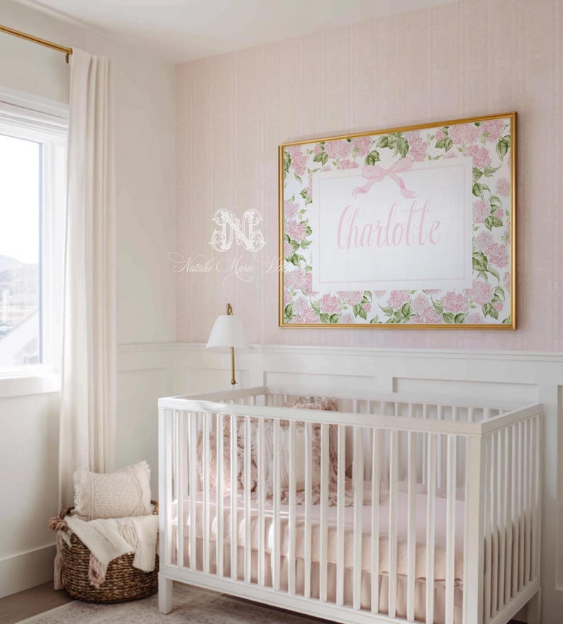 Pink Hydrangea Wall Art for Floral Nursery Decor: Girl Name Print (Digital Download) image 3